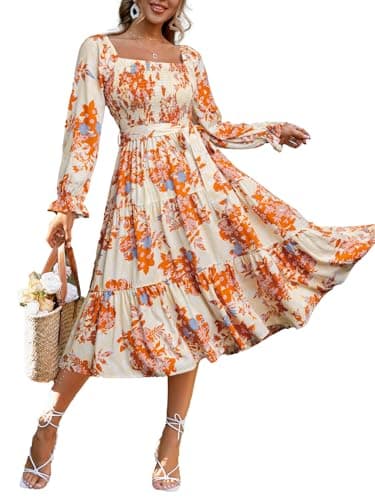 Simplee Womens Long Sleeve Maxi Dress Casual Spring Square Neck Flowy Long Boho Floral Dresses Orange Floral S