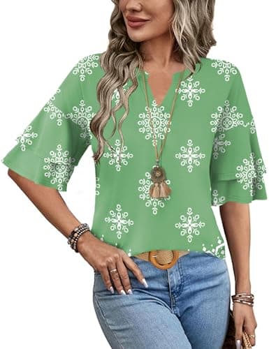LOMON Womens Ruffle 3/4 Sleeve Tops Casual Boho Shirts for Women Summer V Neck T Shirts Spring Vacation Clothes S