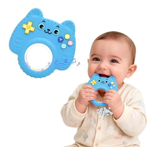 Silicone Baby Teething Toys for 0-6-12 Months, Kitten Remote Rattle Teether for Infant Gum Relief, No BPA Chew Toy for Infant 0-3-6-9-12, Easy-Grip Ring Gift for Travel & Bath