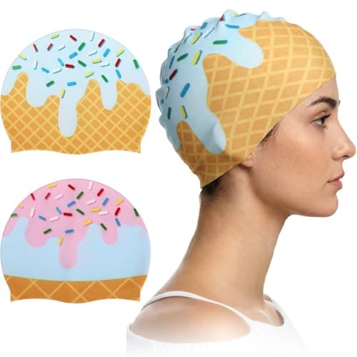 Cuffbow Funny Swim Cap for Women Elastic Non Slip Silicone Ice Cream Cute Swim Cap for Adult with Dimension Height 7.6, Opening 7.6, Easy Wear and Removal Suitable for Long and Short Hair(Blue)