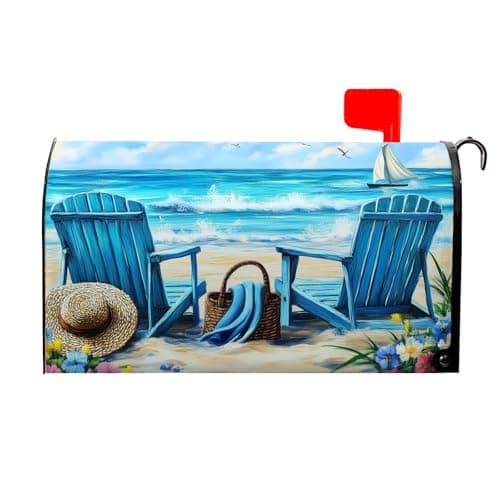 Ancordivo Summer Beach Mailbox Covers Magnetic Standard Size 21 x 18 Inch Nautical Coastal Blue Ocean Seagull Sailboat Chairs Mailbox Wraps Post Letter Box Cover for Garden Yard
