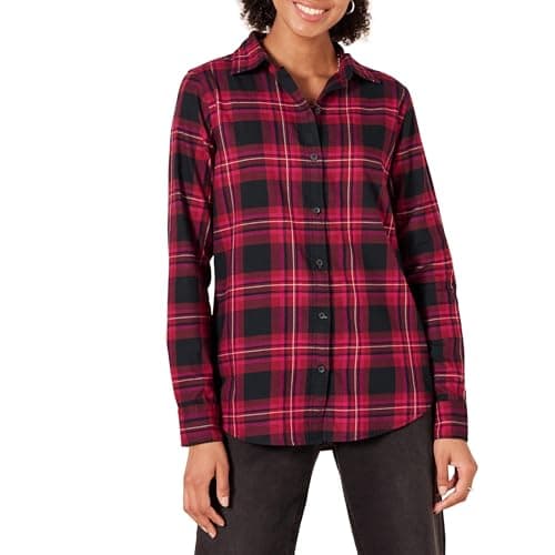Amazon Essentials Women's Regular-Fit Long-Sleeve Lightweight Plaid Flannel Shirt, Black Pink Chelsea Tartan, Small