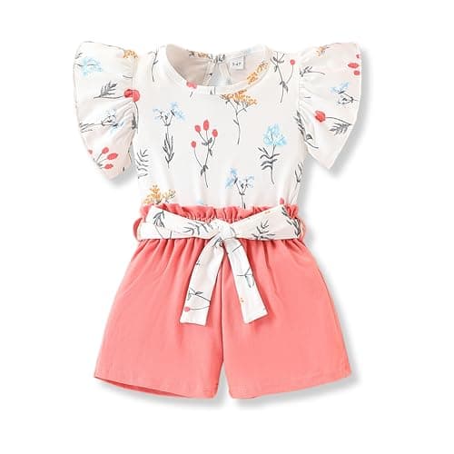 Vitalique Size 7 8 Years Kids Girl Outfits 2 Piece Outfit Cute Ruffle Short Sleeve Tops and Light Pink Shorts Set Girl Summer Clothing Set(7-8T)