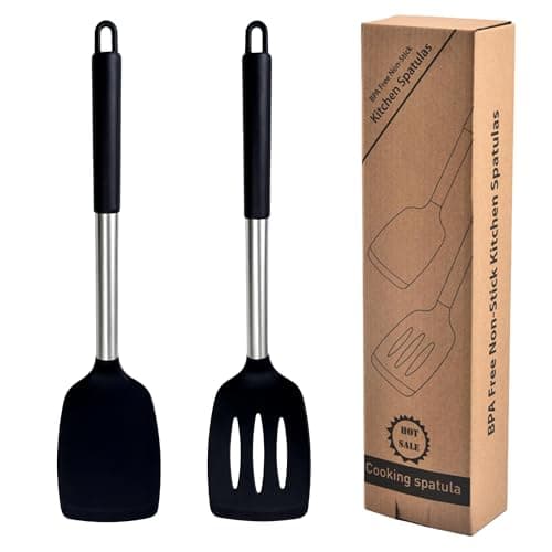 Prefer Green 2-Pack Silicone Solid & Slotted Turner Spatulas, Non-Stick Heat Resistant Cooking Utensils for Eggs, Fish & Pancakes, Stainless Steel/Black Handle