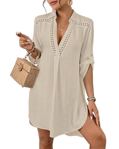 Bsubseach Women’s Swimsuit Coverup V Neck Bathing Suit Cove Up for Swimwear Long Sleeve Beach Dress Shirt Apricot XS