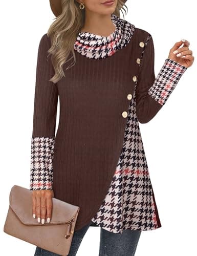 Miusey Cowl Neck Tunic Sweaters Fall Tunic Tops for Women 2025 Winter Vintage Pullover Sweatshirts Dark Brown Black Plaid XXL