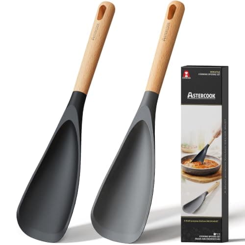 Astercook Cooking Spoon, Nonstick Safe Silicone Spatula with Long Wooden Handles, Heat Resistant, BPA-Free, Built-in Spoon Rest, 2 Pack Spatula Spoon for Stirring, Scooping, Scraping and Serving