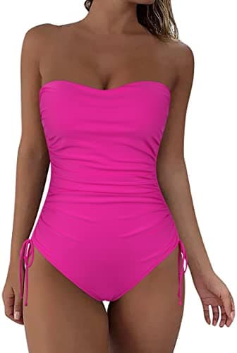 Firpearl One Piece Bandeau Swimsuits for Women Tummy Control Strapless Bathing Suits Slimming Monokini Hot Pink US12