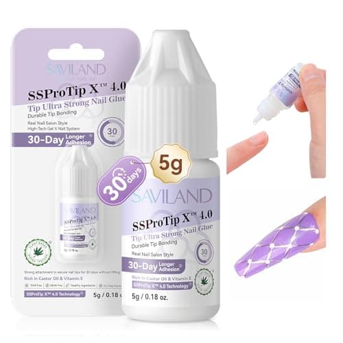 SAVILAND Strong Nail Glue for Nails Press On Nails: Extra Strength Acrylic Gel Glue 5g Long Lasting with Castor Oil Vitamin E Strong Hold Tip Fake Nail Tips No Cure Salon