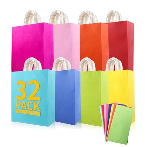 EIOFG Packaging 32Pcs Paper Gift Bags 8 Color with Colorful Tissues, 10.6"x8.26"x4.3" Kraft Paper Party Favor Bags Bulk Rainbow Goodie Bags Large Gift Bags with Handles for Kids Birthday Baby Shower Crafts Wedding Party Supplies (8 Colors)