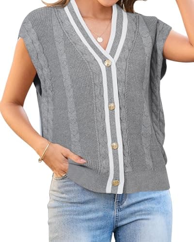 Arach&Cloz Womens Summer Sweater Vest Sleeveless V Neck Button Down Striped Cardigan Sweater Knitted Tank Tops Casual Trendy Outfits Grey 2025 M