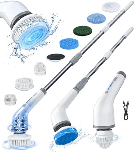 Electric Spin Scrubber Shower Scrubber Power Cleaning Brush, 7 Brush Heads 2 Powerful High Speeds 90 Min Runtime Waterproof Scrubber Brush for Bathroom Bathtub Floor Tile Sink