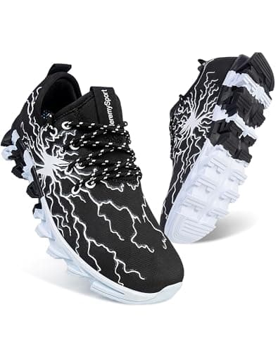 Boys Girls Shoes Kids Running Tennis Sneakers Non Slip Breathable Strap Athletic Sports Shoes Black White 3 Big Kid