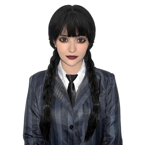 MUPUL Black Braided Wig With Bangs Long Wig Halloween Costume Wigs Women