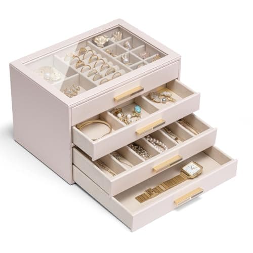 VLANDO 4-Drawer Jewelry Box with Glass Lid, Pink Beige