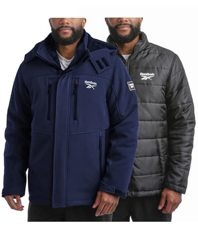 Reebok Mens Winter Coats - 3 in 1 System Hooded Softshell Windbreaker Jacket and Quilted Puffer Insulated Mens Ski Jacket, Size Medium, Vector Navy