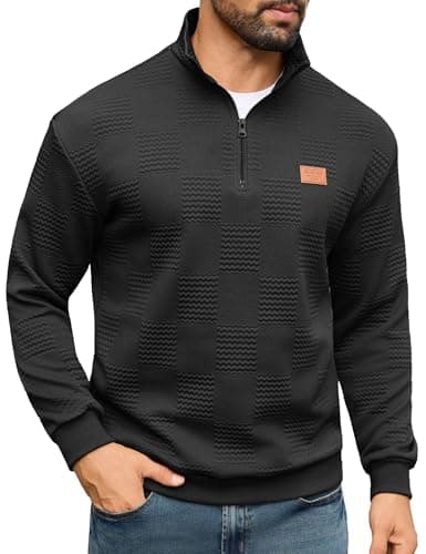 URRU Men's Quarter Zip Pullover Sweatshirt Mock Neck Long Sleeve Sweater Slim Fit Casual Polo Sweaters (US, Alpha, Medium, Regular, Regular, Black)