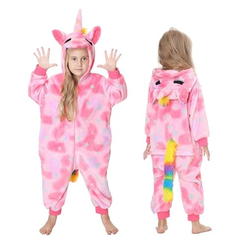 TONWHAR Kids Cartoon Animal Onesie Pajamas Halloween Cosplay Costume Jumpsuit Partywear for Boys & Girls(Pink Unicorn,10-11 Y)