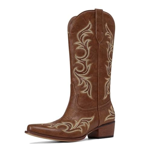 Ouepiano Brown Cowboy Boots for Women Cowgirl Boots Mid Calf, Size 9