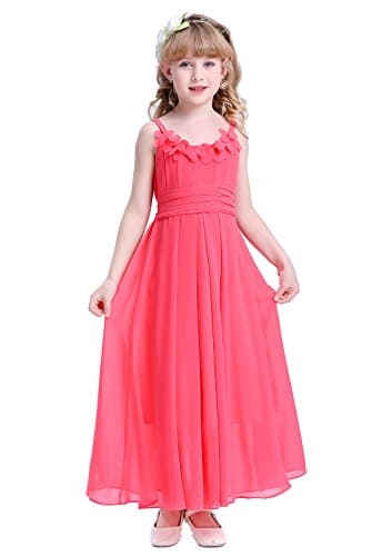 Happy Rose Flower Girls Dresses Junior Bridesmaids Camisole Girls Elegant Ruffle Chiffon Ankle Length Coral 14