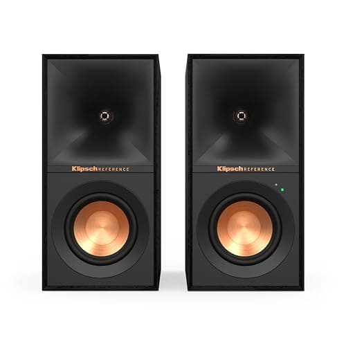 Klipsch Reference R-40PM Powered Bookshelf Speakers - 90-Degree x 90-Degree Tractrix Horn - Linear Travel Suspension - Sleek, Modern Appearance