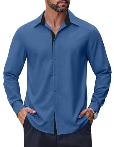 COOFANDY Men's Long Sleeve Wrinkle Free Dress Shirts Stretch No Tuck Fall Button Up Shirt Work Office Navy Dark Blue Medium