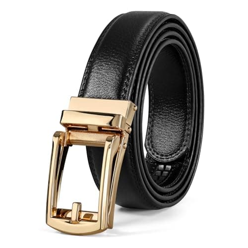 WERFORU Leather Ratchet Belt for Men Adjustable Click Waist Belt with Automatic Buckle Fits Up to 52 Inches, Black Gold