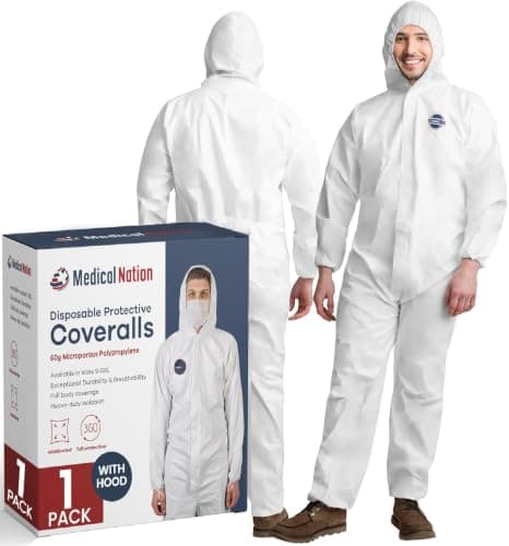 Medical Nation Hazmat Suits Disposable | 1 Pack, 2X-Large | Protective Coveralls with Attached Hood and Boots | Heavy Duty Full Body Painters Suit for Adults - Breathable & Water Resistant | 2XL