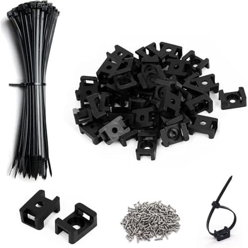 Black Cable Zip Tie Mounts Kit-50 Pcs Cable Zip Tie Saddle Type Mounts Base with 50 Pcs 8" Cable Ties and 50 Pcs Tapping Screw, Wire Cable Clips Organizer Holders Clamps
