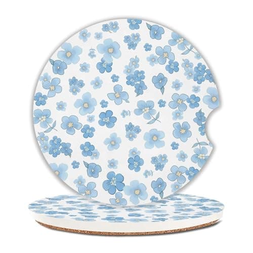 Cute Flowers Car Coasters Set of 2 for Cup Holder 2.63" Absorbent Ceramic Cup Coaster Non-Slip Cork Base Drink Coasters with Finger Notch Car Accessories Interior for Women Men
