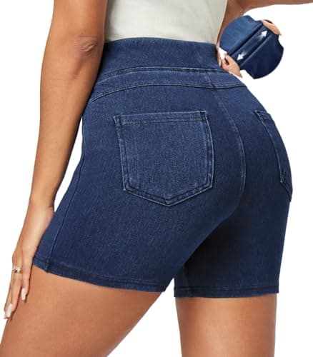 IUGA Stretchy Jean Shorts Womens Denim Shorts Women High Waisted Pull On Jorts with Pockets Summer Casual Trendy 2026 (Dark Blue, Large)