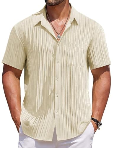 COOFANDY Linen Shirts for Men Short Sleeve Button Up Shirts Summer Beach Textured Shirt Beige
