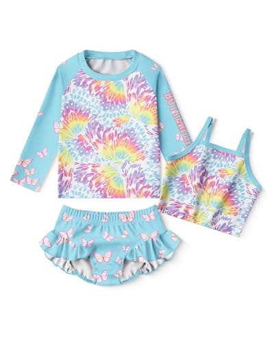 LQSZ Girls Rash Guard Sets Sea Wave Long Sleeves Swimsuit 3 Pieces Tankini Bathing Suit Swimwear for Girls Beach Summer 6 7t