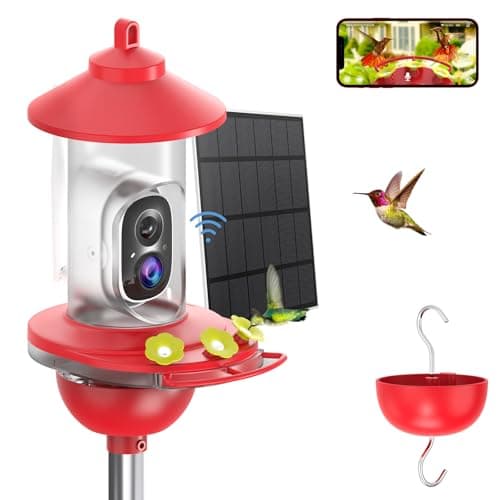 SOLIOM Hummingbird Feeder with Camera, Solar Powered 2K Smart Bird Feeder with AI Bird Identification, Auto Motion Detection, Ant Moat & Pole Mount, Ideal Gift for Hummingbird Lovers, 20 oz