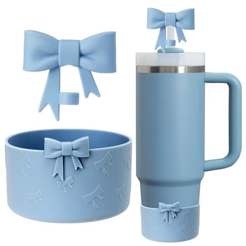 Oddyami Cup Accessories Set for Stanley,Including 1Pcs Cute Bow Straw Cover Caps 10mm Reusable Straw Toppers,1Pcs Silicone Boot Sleeve for Stanley Quencher H2.0 Tumbler with Handle 30&40oz, Indigo