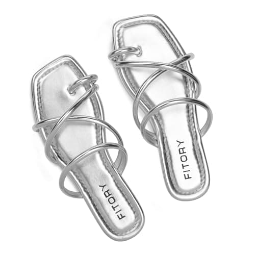 FITORY Women's Slide Sandals Flat Toe Ring Thongs with Cross Strap for Summer Size 11 Silver
