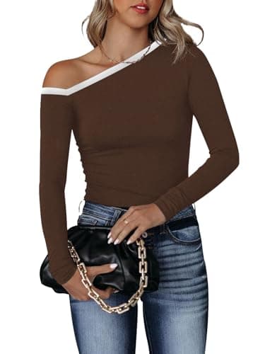 BONITEE Women Off The Shoulder Asymmetrical Top Casual Long Sleeve Going Out Fashion Clothes Slim Fit Blouse Shirts Coffee XL