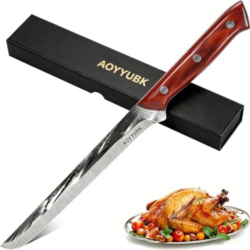 AOYYUBK 8" Carving Knife - Professional Brisket Slicing Knife for BBQ, Turkey, Ham, Roast Beef | High Carbon Stainless Steel, Straight Edge | Rosewood Handle | Protective Sheath & Gift Box Included