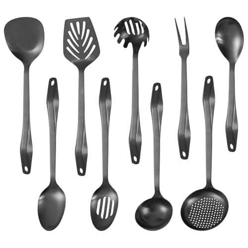 304 Stainless Steel Kitchen Utensil Set - 9pcs Cooking Utensils, Metal Kitchen Utensil Spatula Sets Cookware,High temperature resistance Kitchen Tool Set for Hanging Dishwasher Safe（Black）