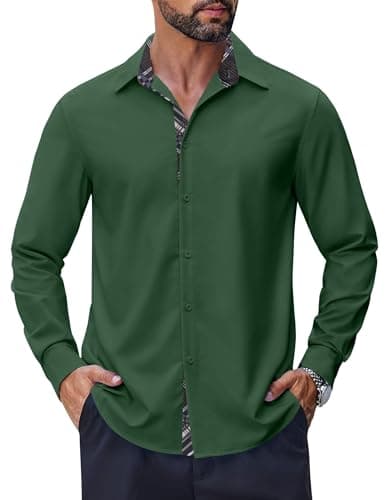 COOFANDY Men's Long Sleeve Wrinkle Free Dress Shirts Stretch No Tuck Fall Button Up Shirt Work Office Olive Dark Army Hunter Forest Green Medium