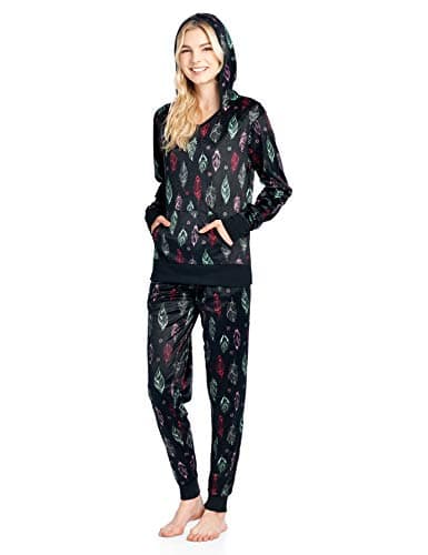 Ashford & Brooks Women's Mink Fleece Hoodie Pajama Set - Black Tuquoise Feather - 2X-Large