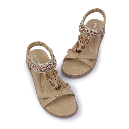 Bebxufa Women Flat Sandals Arch Support Boho Braided Sandals Comfort Walking Beach Ankle Elastic Summer Shoes Nude 8