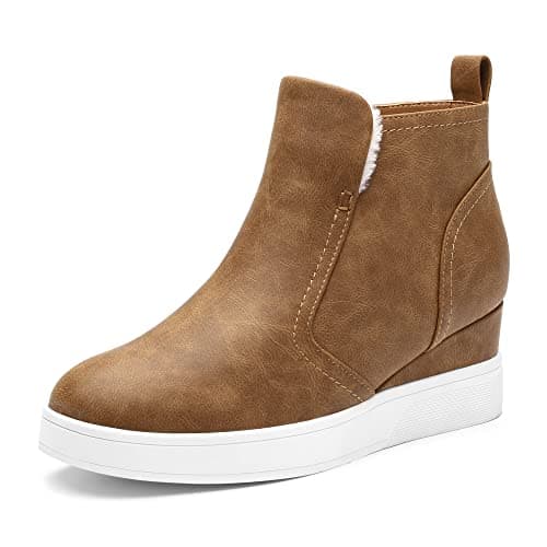 DREAM PAIRS Women’s Slip on High Top Wedge Sneakers Hidden Heel Platform Wedgie Ankle Booties,Size 5,Tan/pu,DAB218