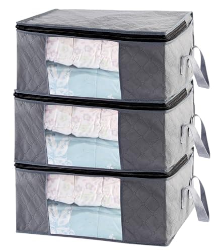 Storage Clothes Bins Closet Bags - 35L Containers Organizer Boxes Clothing Bin Organization for Organizing Blanket Pillow Sheet Sweater, Foldable Bedroom Small Storage Totes With Lids Zipper, 3pc Pack