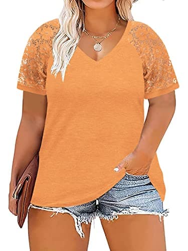 Womens Plus Size Summer Tops Short Sleeve Fashion Lace Shirts Orange 4XL