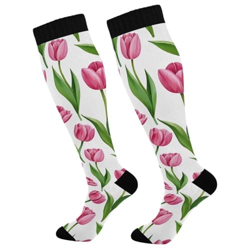 Qilmy Pink Tulip Flower Plant Compression Socks 20-30mmHg, Knee High Athletic Tube Stockings for Women & Men, Winter Sport Running Soccer Travel Cycling, 1 Pair