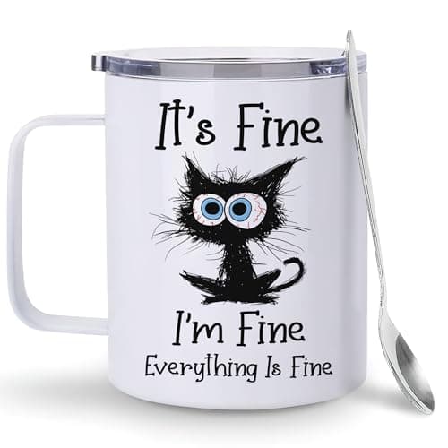 Hyturtle Funny Black Cat Gifts For Cats Lover - It's Fine I'm Fine Everything Coffee Tumbler Cup Mug Stainless Steel 12 Oz - Cats Gifts For Women - Birthday Gift For Cat Lovers On Birthday Christmas