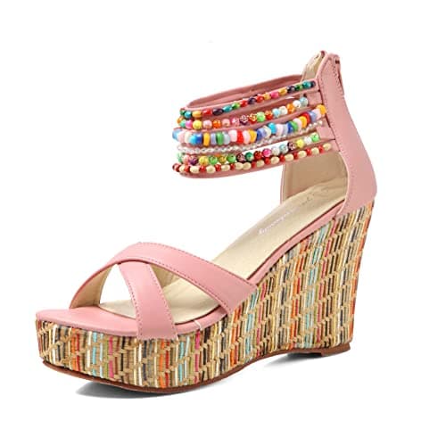 getmorebeauty Women's Wedge Sandals With Pearls Across The Top Platform Sandals High Heels (8US, Pink)