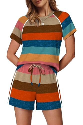 Sampeel 2 Piece Sets for Women Summer Lounge Matching Sets Loungewear Cruise Vacation Two Piece Outfits Resort Wear 2026 Petite Beach Vacation Clothes Striped Orange S Striped Orange S