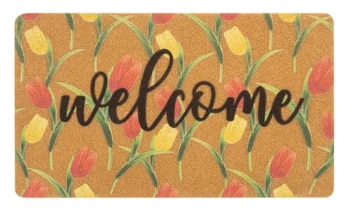 XuoAz Tulip-Welcome-Doormat for Indoor Outdoor Entrance Floral-Spring-Door-Mat Non Slip Coir Seasonal Doormat for Spring Easter Home Decor 17 x 29 Inches
